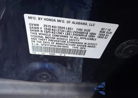 2018 Honda Pilot Ex-L from USA, damaged, VIN 5FNYF5H52JB010045